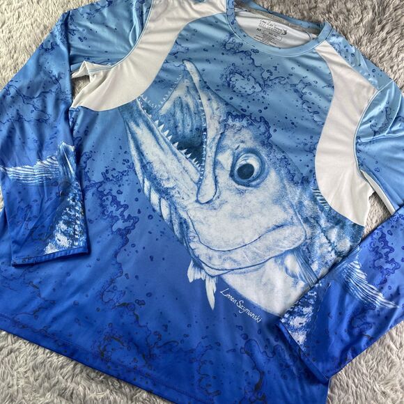 Reel Legends Shirt Mens Medium Blue White Fishing Linnea Szymanski Barracuda - Picture 1 of 9